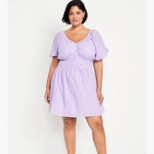 Old Navy Waist-Defined Seersucker Mini Dress Puff Sleeve 3X Cottagecore Lavender